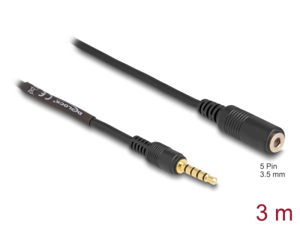 DeLOCK Verlängerungskabel Klinke 3,5 mm 5 Pin Stecker zu Buchse 3 m schwarz (85733)