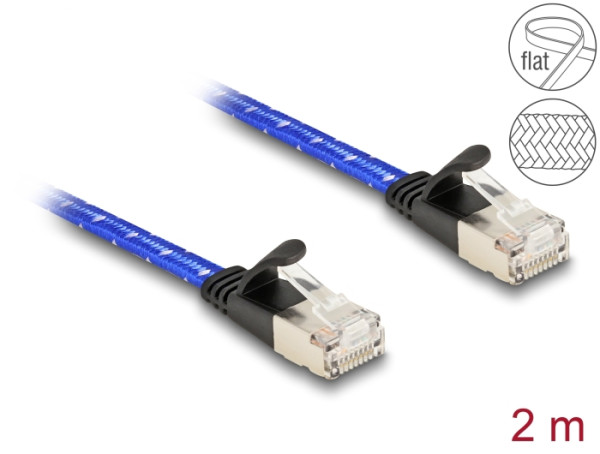 DeLOCK RJ45 Flachband Netzwerkkabel mit Geflechtmantel Cat.6A U/FTP 2 m blau (80384)