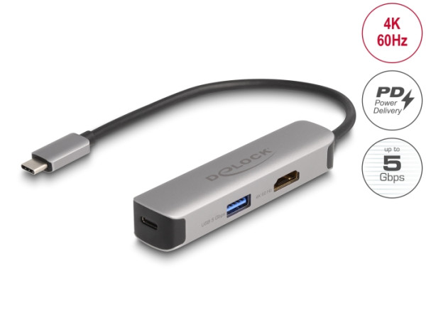 DeLOCK USB Type-C Adapter zu HDMI 4K 60 Hz mit USB Typ-A und USB Type-C Daten + PD 92 W (61060)