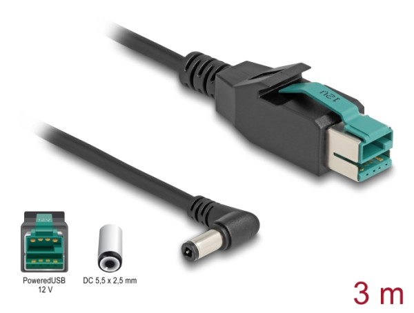 DeLOCK PoweredUSB Kabel Stecker 12 V zu DC 5,5 x 2,5 mm Stecker gewinkelt 3 m (80611)