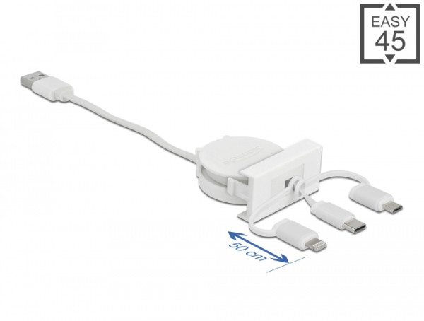 DeLOCK Easy 45 Modul USB 2.0 3 in 1 Aufrollkabel USB Typ-A zu USB-C, Micro USB und Lightning weiß (81375)