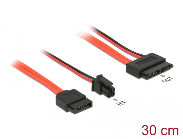 DeLOCK 0.3m, SATAIII 7p + 4p/Slim SATAIII 13p SATA-Kabel 0,3 m SATA 7-pin + Molex 4-pin SATA 13-polig Slimline Schwarz, Rot (84848)