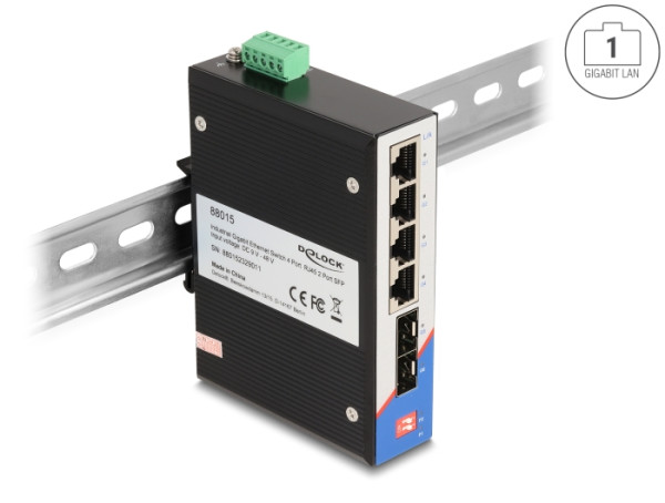 DeLOCK Industrie Gigabit Ethernet Switch 4 Port RJ45 2 Port SFP für Hutschiene (88015)