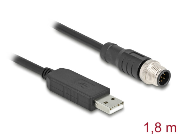 DeLOCK M12 Serielles Anschlusskabel mit FTDI Chipsatz, USB 2.0 Typ-A Stecker zu M12 RS-232 Stecker A-kodiert 8 Pin 1,8 m schwarz (64257)