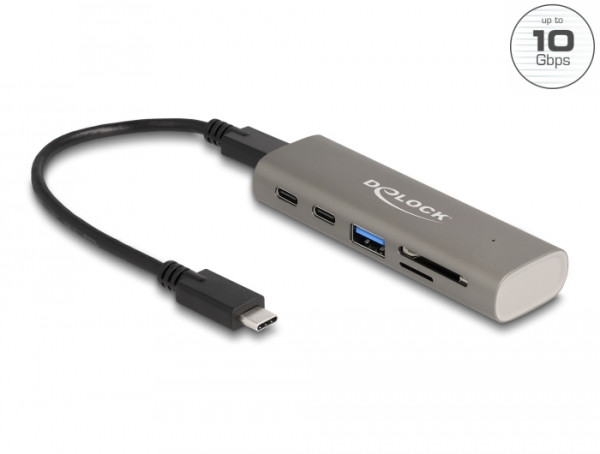 DeLOCK 3 Port USB 10 Gbps Hub inklusive SD und Micro SD Card Reader mit USB Type-C Anschluss (64236)